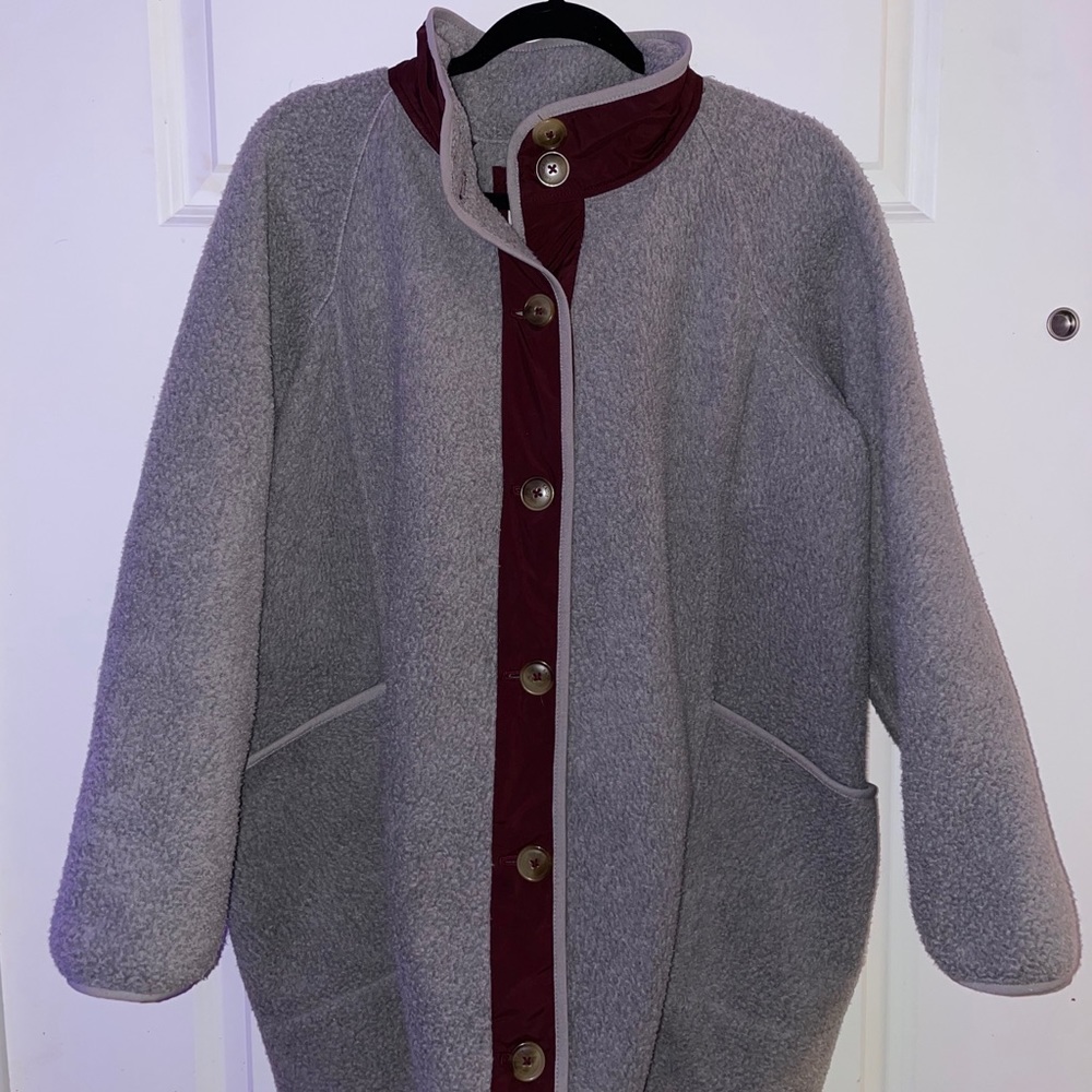 Grey and plum button down sherpa jacket